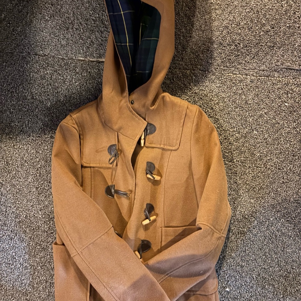 ZARA Women’s Brown Duffle Coat Hooded Toggle Closure Plaid Lined Size Medium
